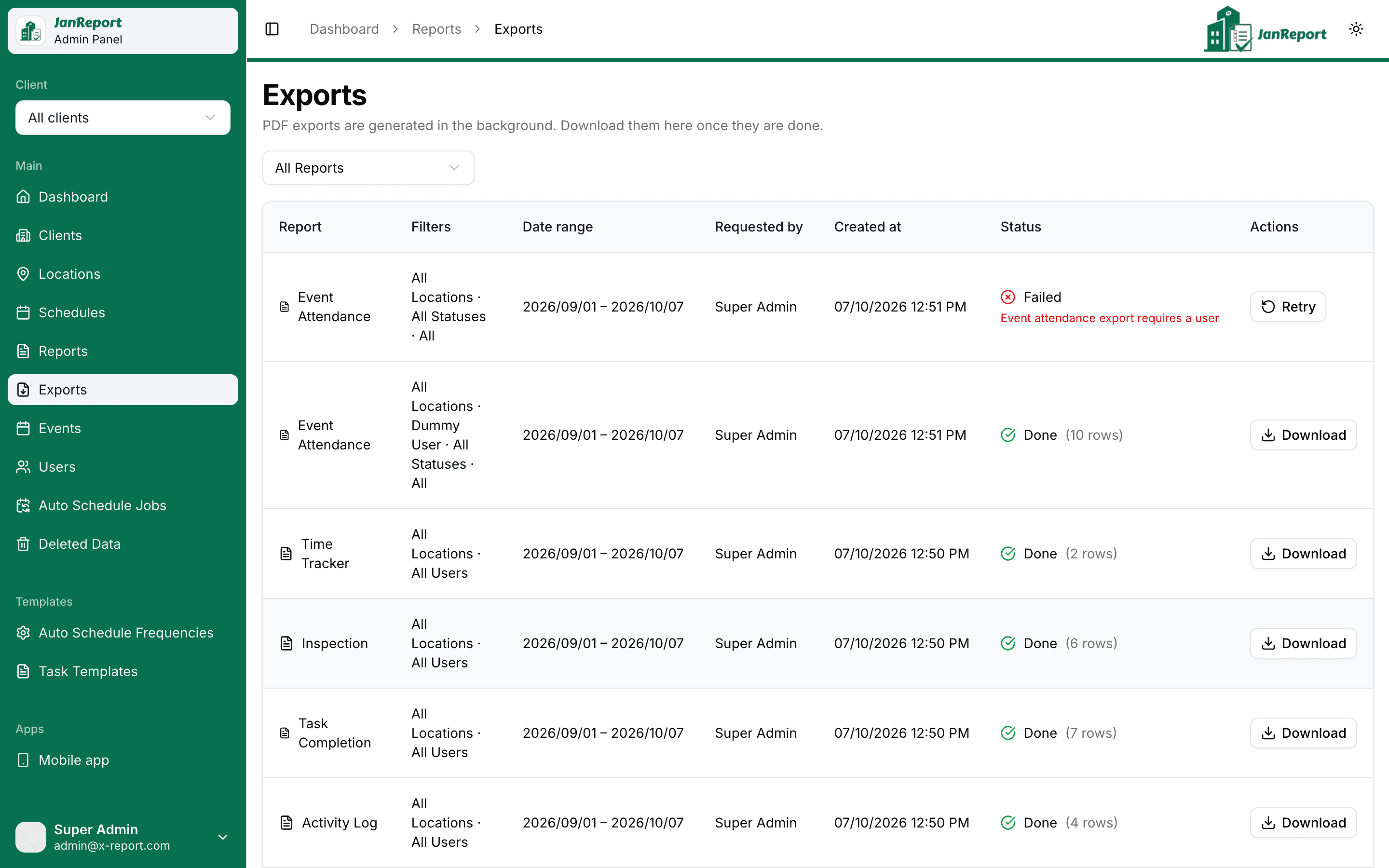 Report exports page showing PDF generation status